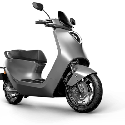 Motociclo elétrico cinza metálico e preto