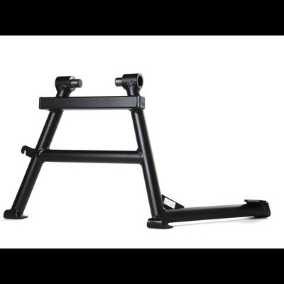 Suporte metálico preto para motocicleta em fundo branco