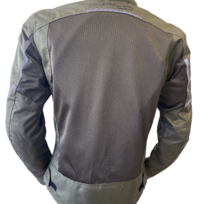 Casaco de moto cinzento claro com malha cinzento escuro e detalhes brancos reflexivos