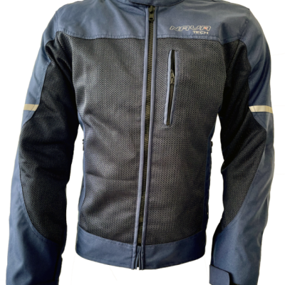 Casaco motociclista azul escuro e preto com bolso vertical e fecho de correr