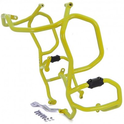 Estrutura tubular amarela com acessórios pretos e parafusos num fundo branco