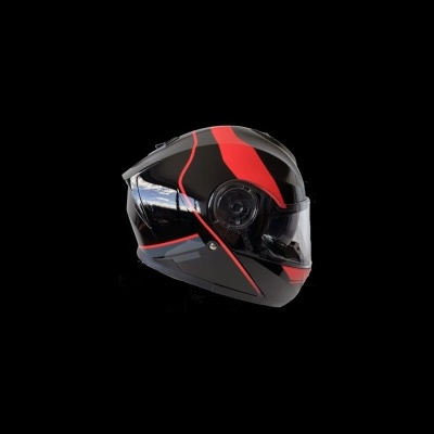 Capacete motociclista preto e vermelho com viseira transparente