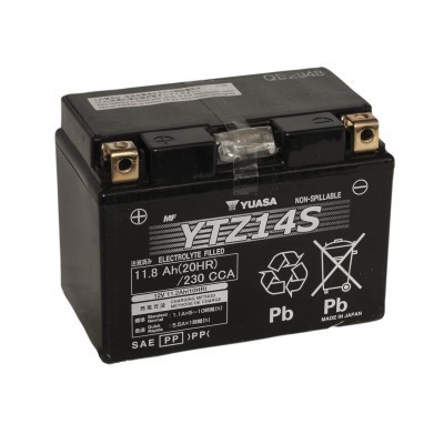 Bateria de moto preta Yuasa YTZ14S com texto branco