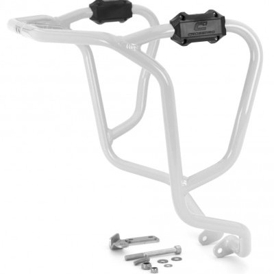 Suporte metálico branco para malas de mota com placas pretas e acessórios de montagem