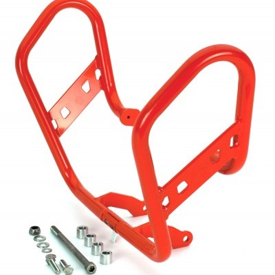 Estrutura metálica vermelha em forma de U com parafusos e espaçadores