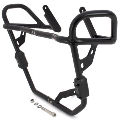 Estrutura metálica preta com parafuso e arruelas ao lado