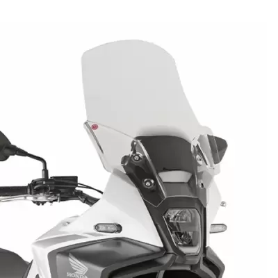 Motocicleta branca Honda com para-brisas transparente alto e farol dianteiro integrado