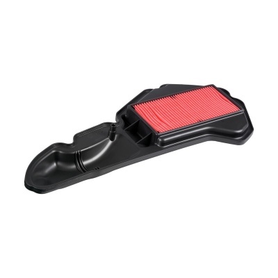 Filtro de ar automóvel preto com elemento filtrante vermelho em fundo branco