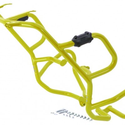 Estrutura metálica amarela para moto com parafusos e acessórios de fixação