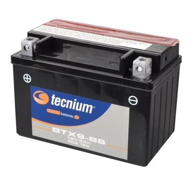 Bateria Tecnium BTX9-BS preta com etiquetas coloridas e terminais metálicos