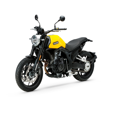 Motocicleta amarela e preta com farol redondo e banco preto