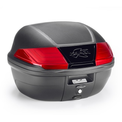 Top case preto e vermelho para motocicleta com textura e fecho