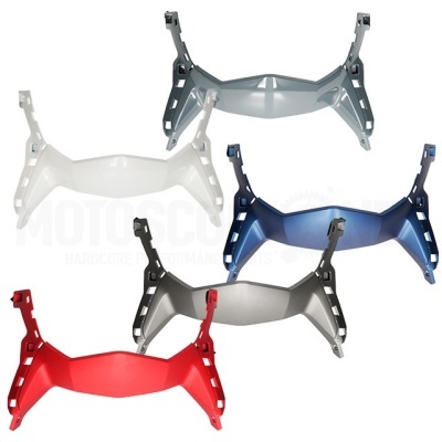 Cinco suportes plásticos para motocicleta em várias cores sobre fundo branco