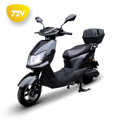 Scooter elétrica preta com caixa de armazenamento e indicador 72V