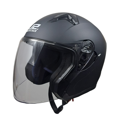Capacete de moto preto mate aberto com viseira transparente e texto J2 HELMETS