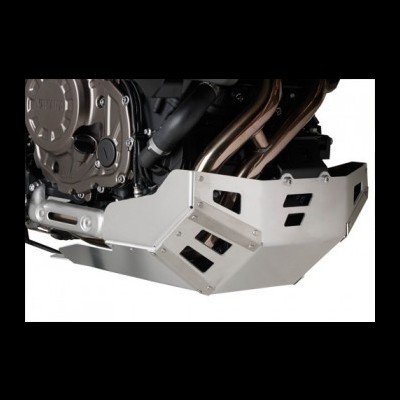 Proteção inferior de metal para motor de motocicleta prateada com recortes