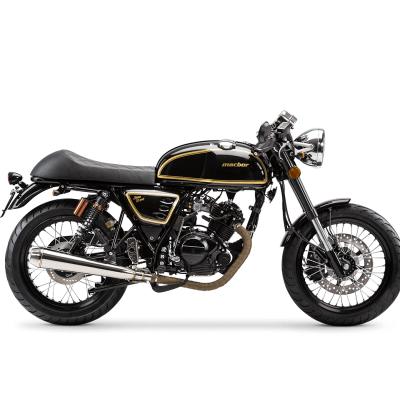 Motociclo clássico cafe racer preto e dourado com assento preto e rodas raiadas