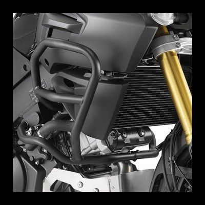 Parte central de mota com quadro de proteção preto, suspensão dourada e radiador preto