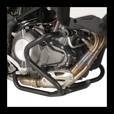 Motor e escape de mota com proteções pretas e tubos metálicos coloridos