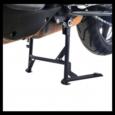 apoio central preto para moto com roda traseira visível