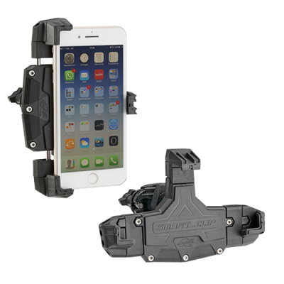 Suporte para smartphone de automóvel Smart Clip plástico preto com iPhone branco