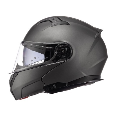 Capacete de motociclista integral cinza fosco com viseira transparente