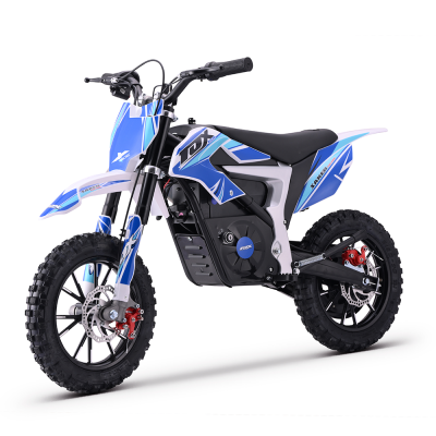Motocross infantil azul, branco e preto com pneus de borracha e travões vermelhos.