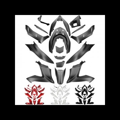 Conjunto de carenagens para moto em preto, vermelho e branco, várias peças isoladas