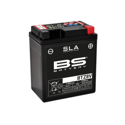 Bateria preta BS Battery modelo BTZ8V com rótulos e símbolos técnicos