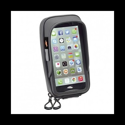 Bolsa cinzenta para telemóvel com fecho e ecrã transparente mostrando apps