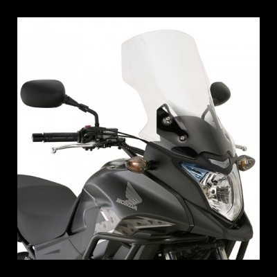 Motociclo Honda preto com pára-brisas transparente e farol grande