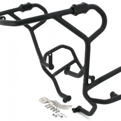 Estrutura protetora preta em metal para motocicleta com acessórios metálicos.