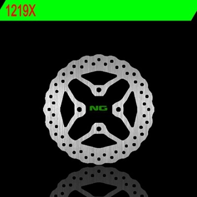 Disco de travão metálico prateado com texto NG verde e fundo preto