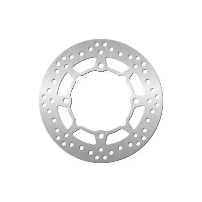 Disco de travão metálico prateado com furos.