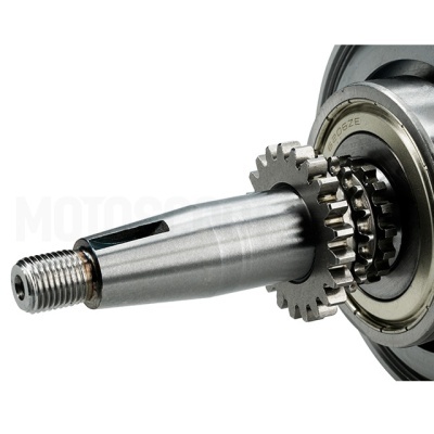 Eixo metálico cromado com engrenagem dentada e rolamento