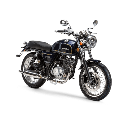 Motociclo clássico azul e preto com detalhes cromados