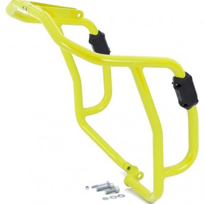 Estrutura metálica amarela tubular com parafusos