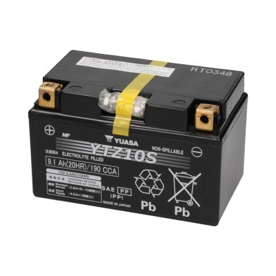 Bateria preta de motocicleta Yuasa YTZ10S com terminais metálicos dourados