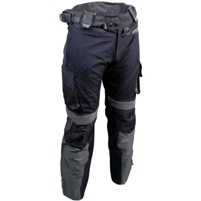 Calças técnicas resistentes pretas e cinzentas com reforços e cinto ajustável