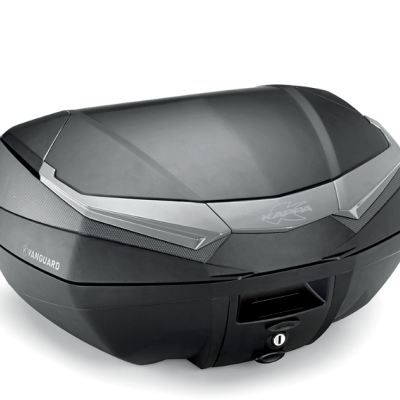 Mala de mota preta e cinza com fechadura e inscrições VANGUARD e KAPPA