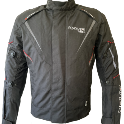 Casaco de motociclista preto com detalhes em cinza e vermelho e logo NAIJA