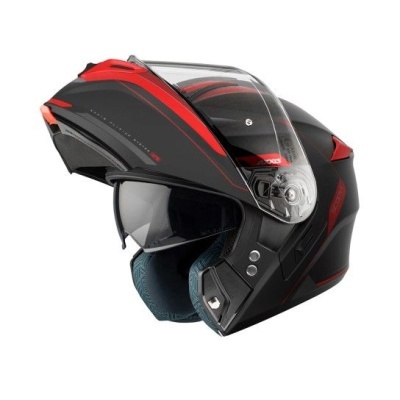 Capacete de mota modular preto com detalhes vermelhos e viseira transparente