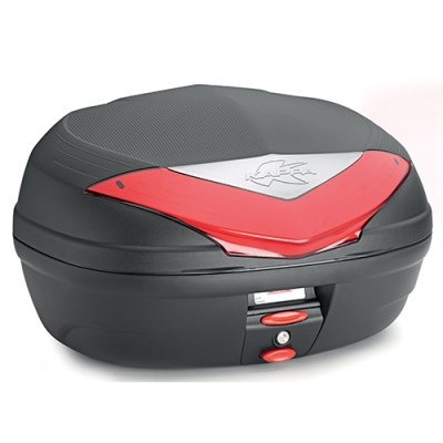 Mala de transporte para moto preta com detalhes vermelhos e cinzentos