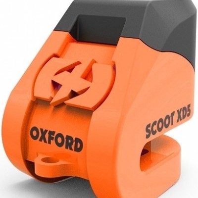 Fecho de segurança para motos laranja e preto com texto Oxford e Scoot XD5