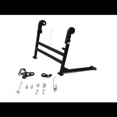 Suporte metálico preto para motocicleta com peças e parafusos