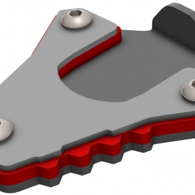 Suporte metálico cinza com parafusos prateados e detalhes vermelhos