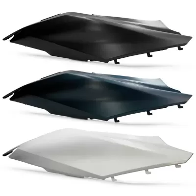 Tampas laterais para motocicleta em plástico nas cores preto, azul escuro e branco