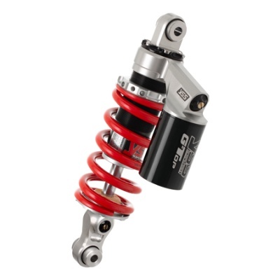 Amortecedor para motocicleta em metal com mola vermelha e reservatório preto