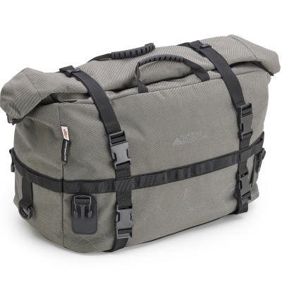 Mala de transporte cinzenta com correias e alças pretas