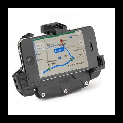 Suporte preto para telemóvel com telemóvel antigo a mostrar mapa e rota de navegação